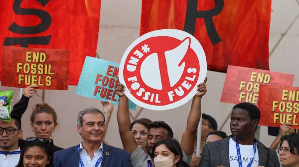 Activists calling for an end to fossil fuels at COP28 in Dubai. Photo by IISD/ENB | Mike Muzurakis.